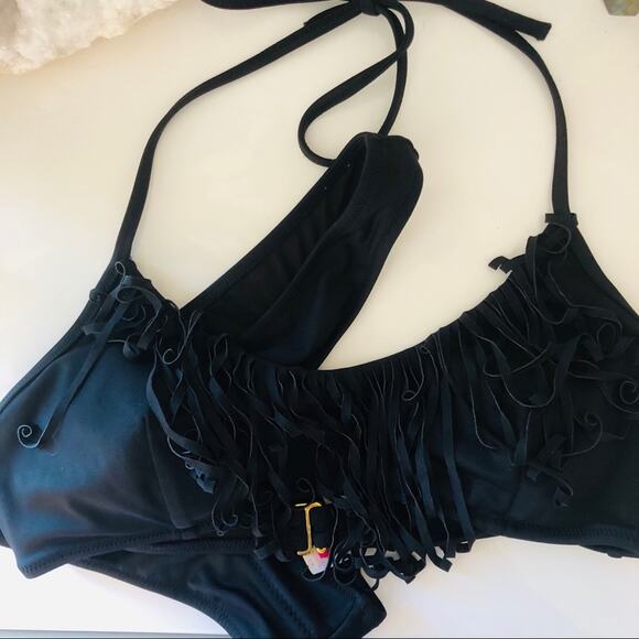 VICTORIAS SECRET Black Fringe Halter Tie Top Bikini Cheeky Bottom Swimsuit S - Picture 2 of 7